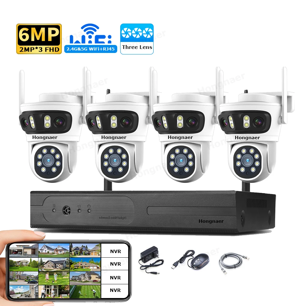 Home Security Wifi Camera - 2026 Hongnaer 6MP 4CH 3 Lensa